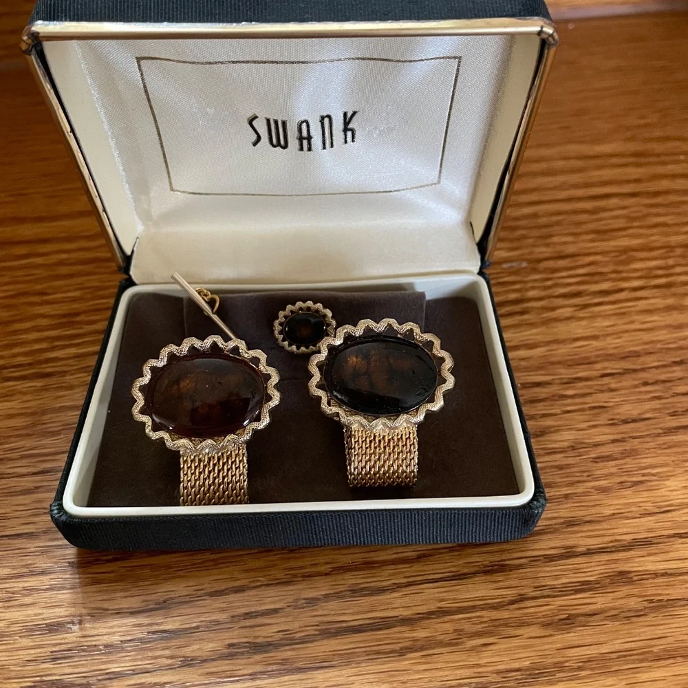 SWANK Vintage Gold Mesh Wrap Cufflink & Tie Tack Set NIB